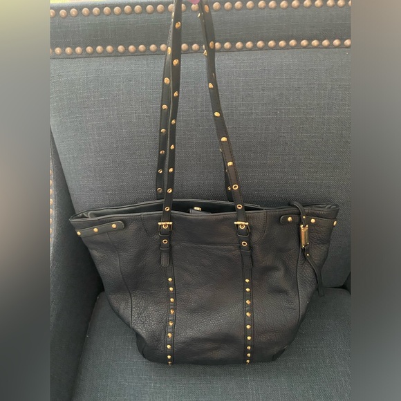 Steven by Steve Madden Leather Navy Blue Tote Purse Bag Gold Studded for Office - Picture 2 of 16